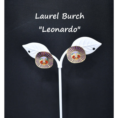 Laurel Burch "Leonardo" Post Earrings, Gold Plated Enamel Lions, 1980s Vintage Jewelry