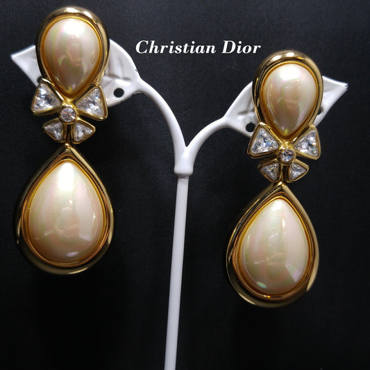 Vintage Christian Dior Large Faux Pearl Dangle Clip Earrings, Gold Plated, 1980s