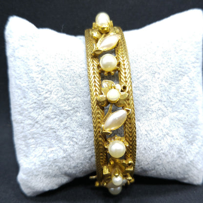 Florenza Faux Pearl Hinged Bracelet, Gold Tone, 1950s Vintage Jewelry