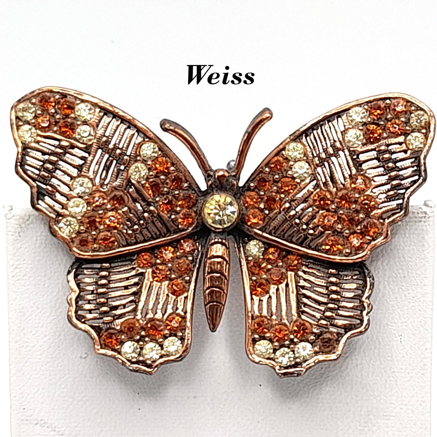Vintage Weiss Butterfly Brooch, Copper Plated, Clear Orange Rhinestones, 1960s