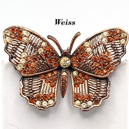 Vintage Weiss Butterfly Brooch, Copper Plated, Clear Orange Rhinestones, 1960s