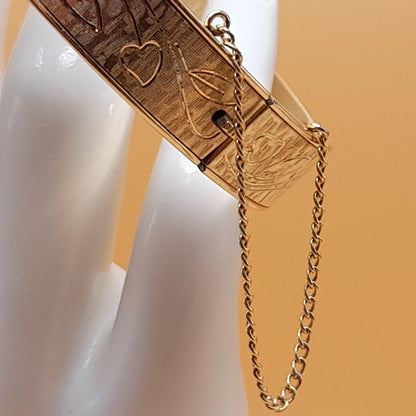 Krementz Floral Hinged Bangle Bracelet, Rolled Gold Overlay, Safety Chain, 1950s Vintage Jewelry
