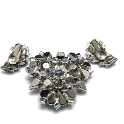 Black Aurora Borealis Brooch & Earrings, Rhodium Plated, 1960s Vintage Jewelry