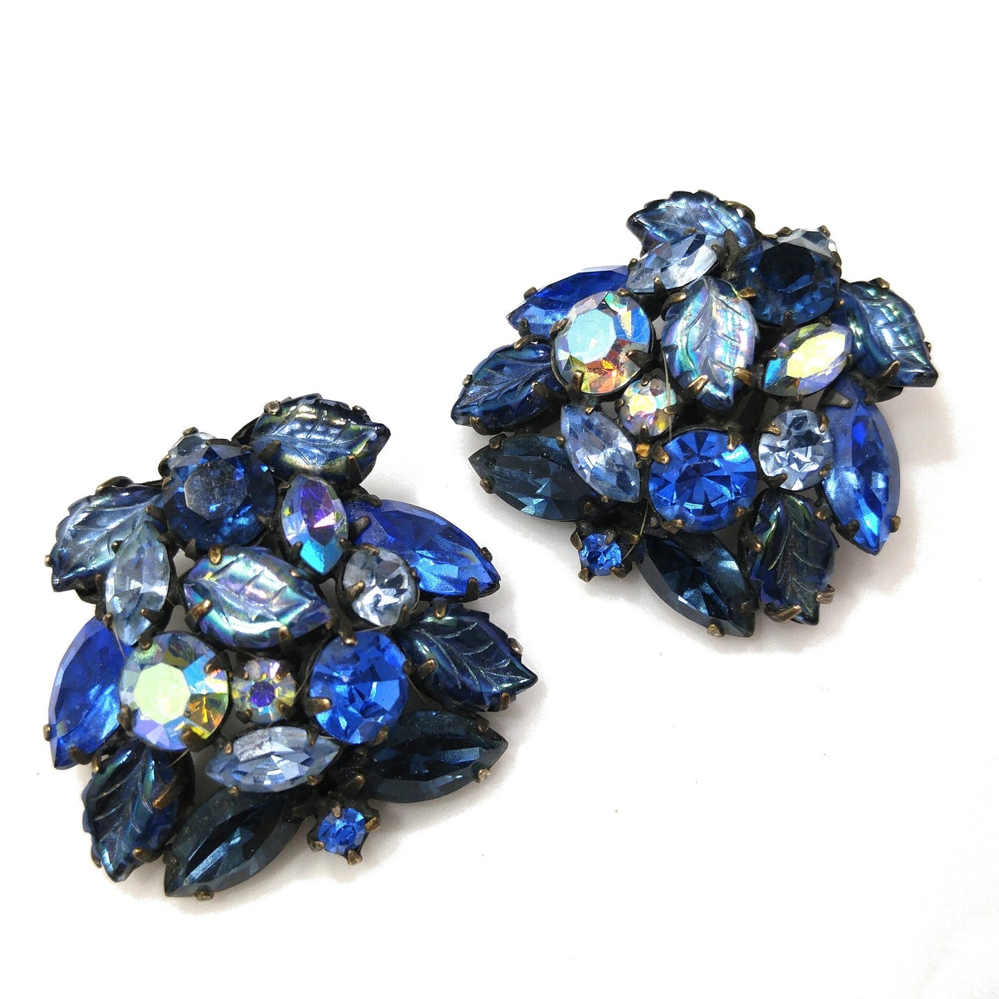 Regency 1950s Blue Rhinestone Brooch Earrings Set Art Glass Leaf Vintage