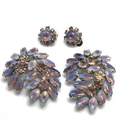 Twin Faux Opal Rhinestone Brooches & Earrings, Rhodium Plated, 1960s Vintage Jewelry