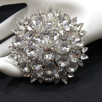 Weiss 1950s Large Clear Rhinestone Floral Brooch | Rhodium Plated Statement Pin | Vintage Mid-Century Jewelry