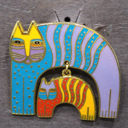 Laurel Burch "Mr. Jio's Cat" Brooch with Dangling Cat Charm, Gold Plated, Cloisonne Enamel, 1980s Vintage Jewelry