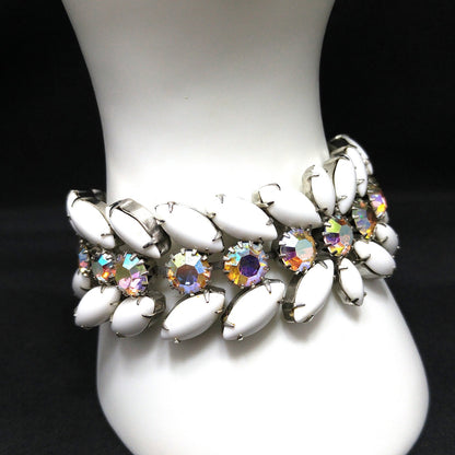 Weiss Milk Glass Bracelet, Aurora Borealis, Rhodium, 1960s Vintage Jewelry