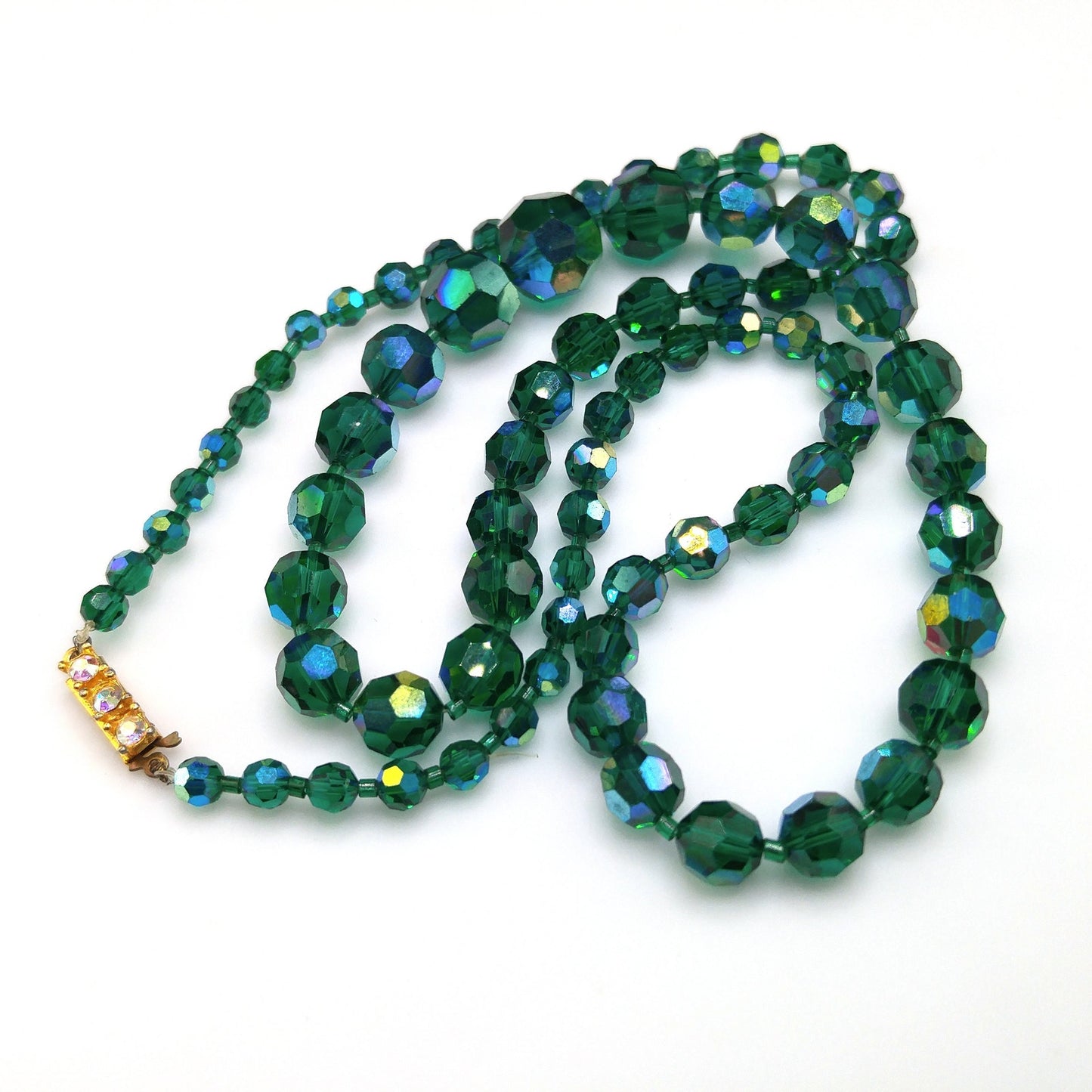 Dark Green Crystal Necklace, Aurora Borealis, Rhinestone Clasp, 1960s Vintage Jewelry