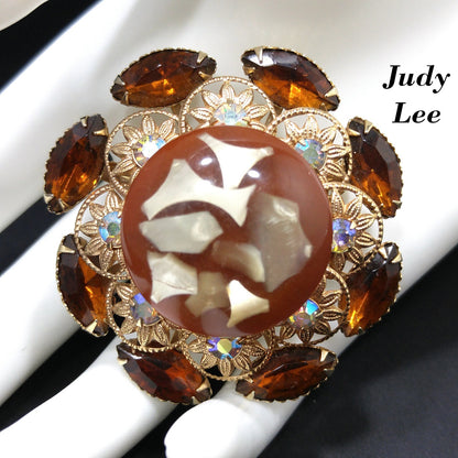 Judy Lee Lucite Flower Brooch, Aurora Borealis Rhinestones, 1960s Vintage Jewelry