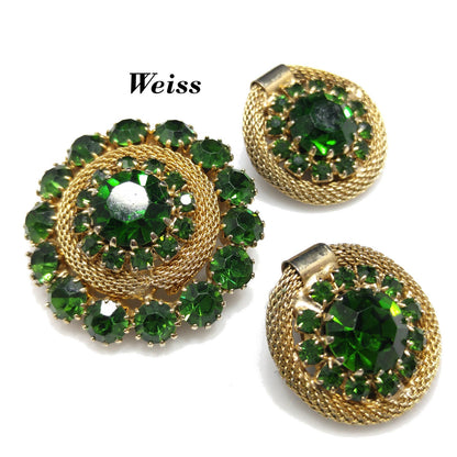 Vintage Weiss Green Rhinestone Brooch & Earrings, Gold Plated Mesh