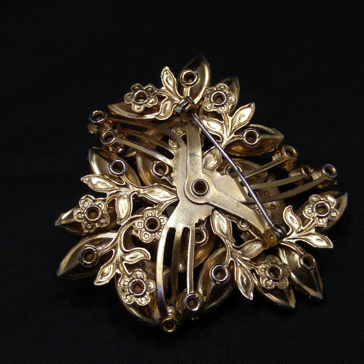 Fall Rhinestone Ribbon Brooch, Topaz Rhinestones, Aurora Borealis, 1950s Vintage Jewelry