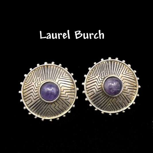 Laurel Burch Amethyst Clip Earrings, Purple Gemstone, Gold Plated, 1980s