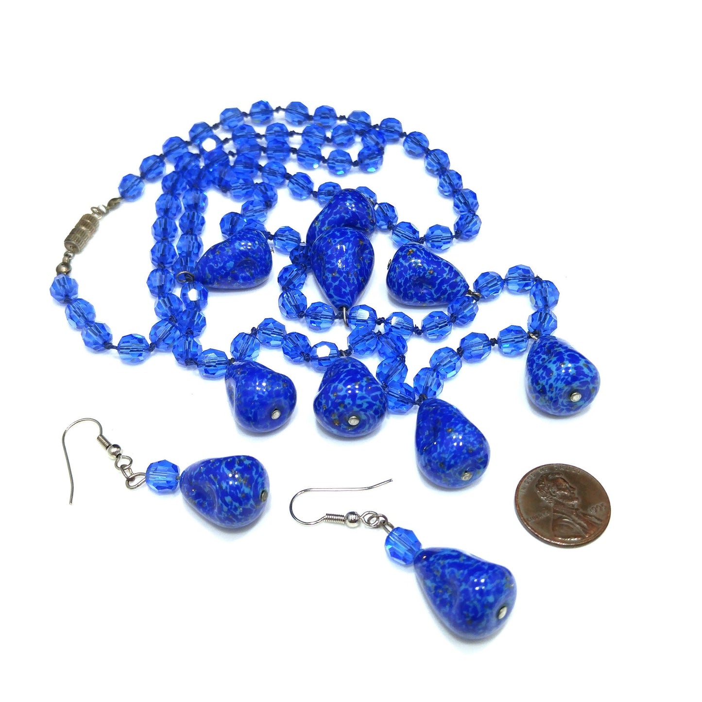 Cobalt Blue Crystal Long Necklace & Earrings, Artisan Jewelry, Faux Lapis Glass, 1940s Vintage Jewelry