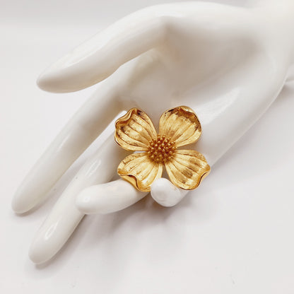 Vintage Crown Trifari Dogwood Brooch - Gold-Plated Floral Pin - 1 3/4 Inch