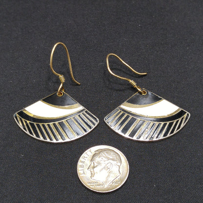 Vintage Laurel Burch Black White Gold Fan Drop Earrings, Gold Plated Enamel
