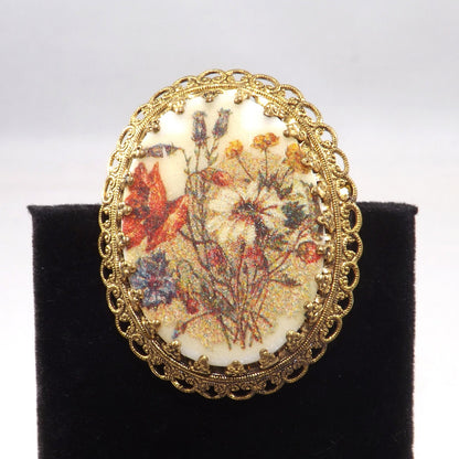 West Germany Sugar Glass Floral Brooch, Filigree Back, 1960s Vintage Jewelry