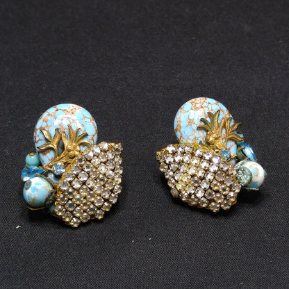 Eugene Rhinestone Art Glass Clip Earrings, Designed for Miriam Haskell, 1950s Vintage Jewelry