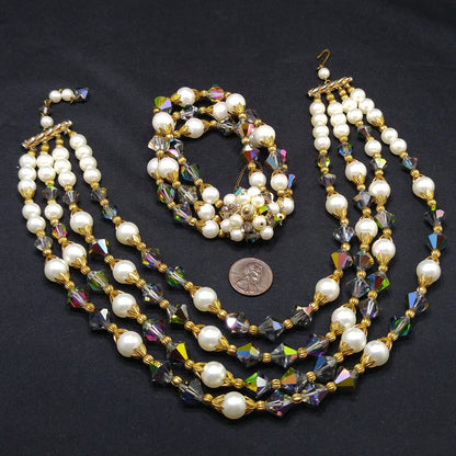 Alice Caviness Necklace & Bracelet Set, Aurora Borealis Crystal Faux Pearl Beads, 1960s Vintage Jewelry