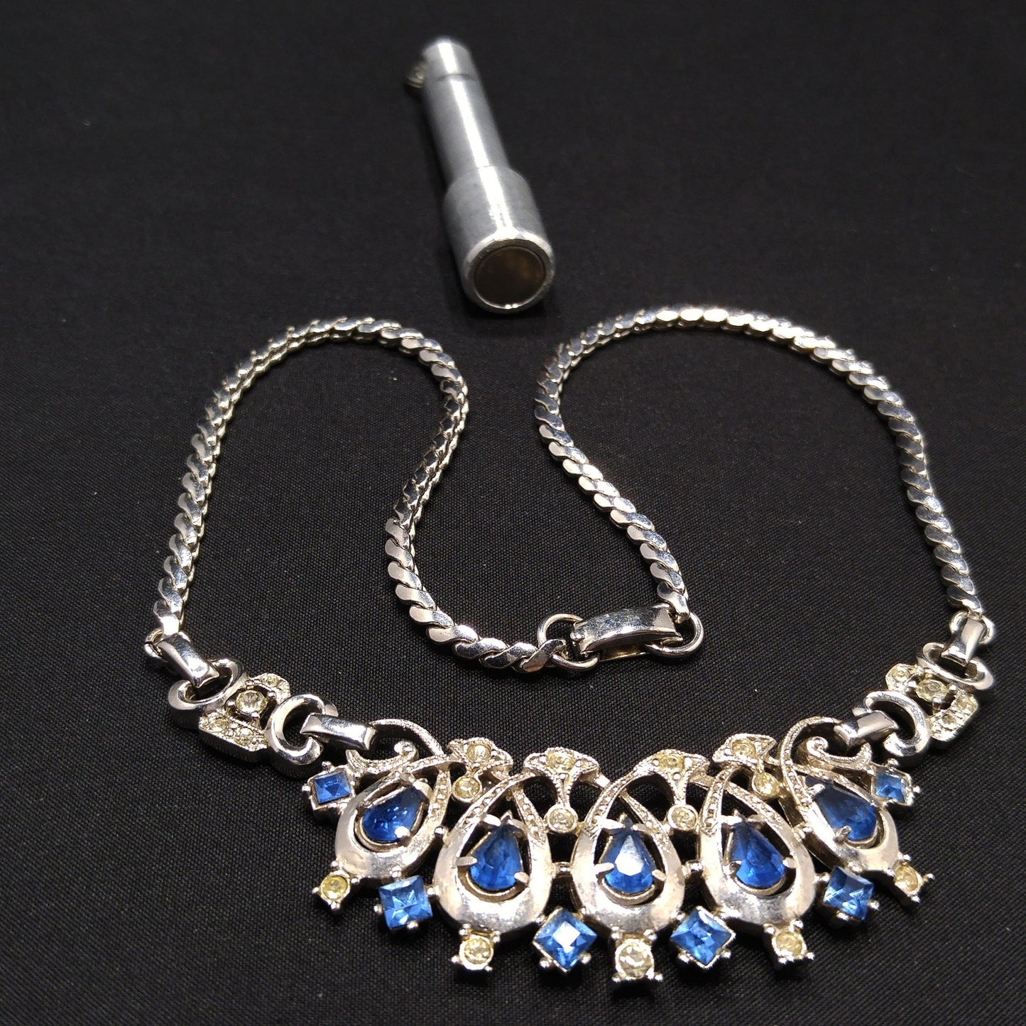 Lustern Blue Rhinestone Silver Tone Necklace, Louis Stern Gold Plated, 1940s Vintage Jewelry