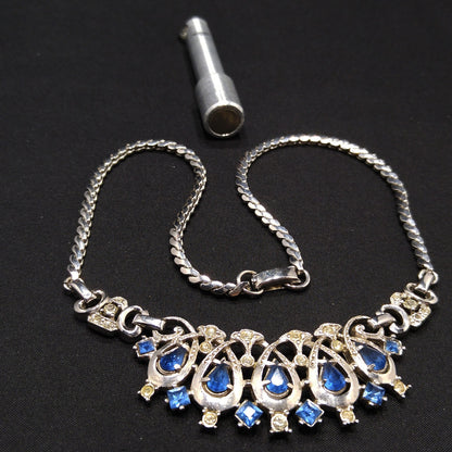 Lustern Blue Rhinestone Silver Tone Necklace, Louis Stern Gold Plated, 1940s Vintage Jewelry
