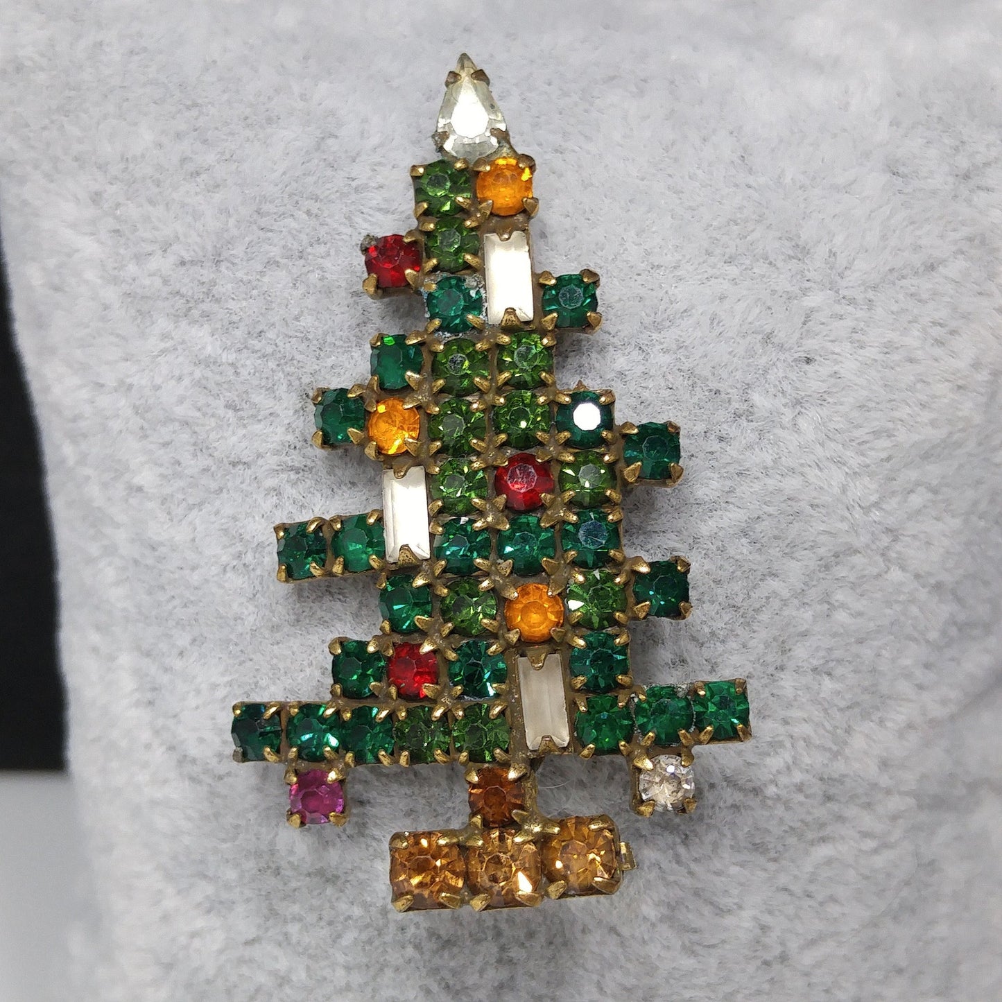 Weiss Christmas Tree Brooch, Three Baguette Candles, Book Piece, 1950s Vintage Jewelry