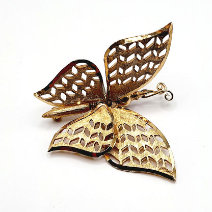 Vintage Gold Butterfly Brooch, Articulated Wings, Filigree Mid-Century Jewelry