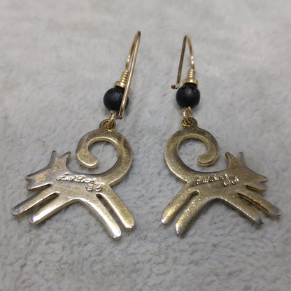 Vintage Laurel Burch Black Dog Earrings, Gold Plated, Cloisonne Enamel
