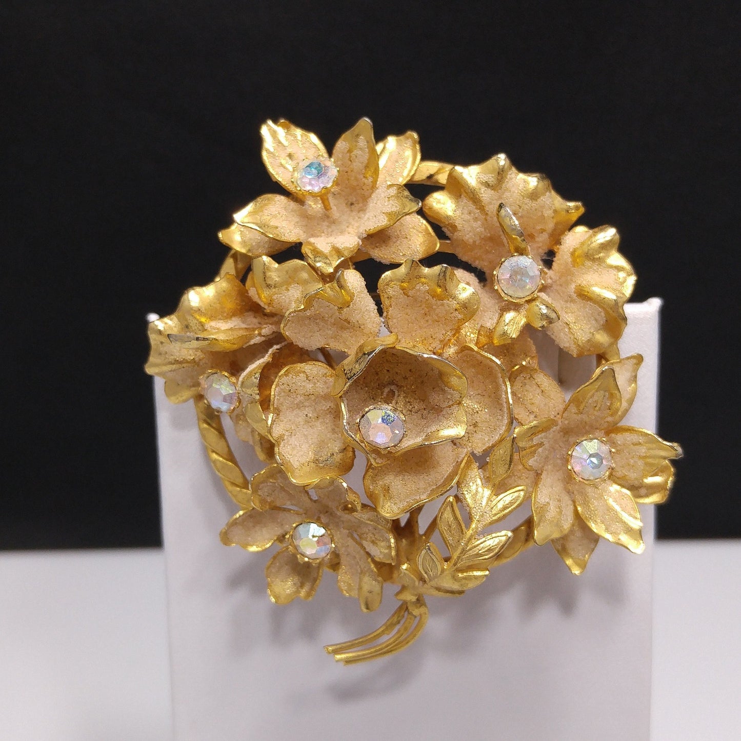 Austria Floral Brooch, Aurora Borealis Rhinestones, Gold Plated Flowers, 1960s Vintage Jewelry