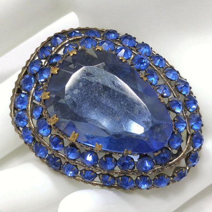 Czech Blue Glass & Rhinestone Dress Clip, 1940 Vintage Jewelry