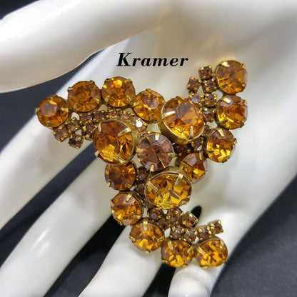 Kramer Topaz Rhinestone Brooch, Gold Plated, 1960s Vintage Jewelry
