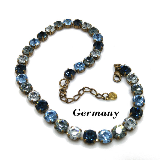 Germany Blue Rhinestone Necklace, Shades of Blue & Clear Crystals, 1990s Vintage Jewelry