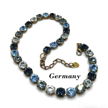 Vintage 1990s Germany Blue Crystal Rhinestone Necklace Gold Tone Choker