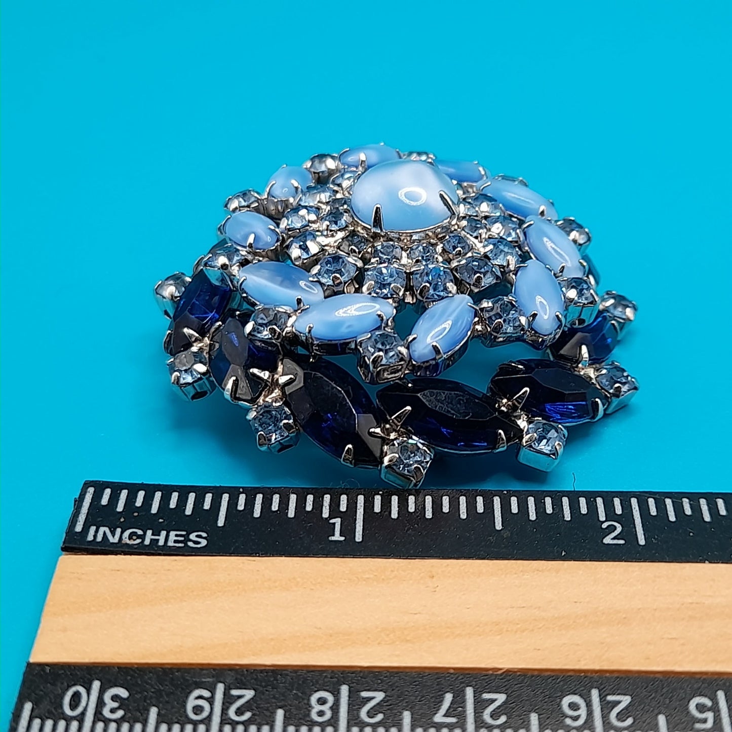 Vintage Blue Domed Rhinestone Brooch Light & Dark Blue Cabochon 1960s
