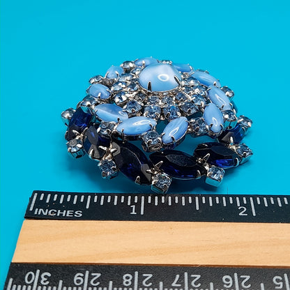 Vintage Blue Domed Rhinestone Brooch Light & Dark Blue Cabochon 1960s