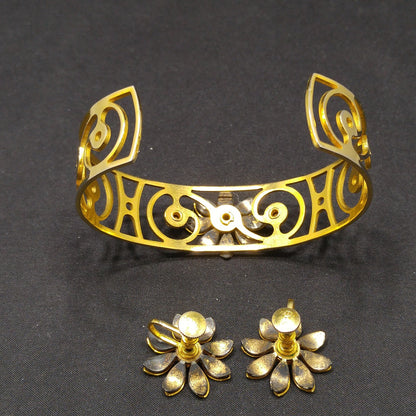 Bugbee & Niles Floral Cuff Bracelet Screw-back Earrings Set, Red Rhinestones, 1940s