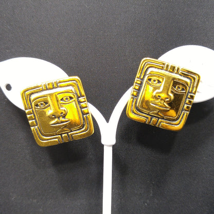 Vintage Laurel Burch Aztec Face Post Earrings, Gold Plated