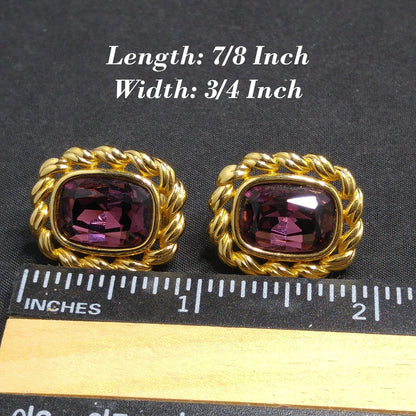 Swarovski S.A.L. Earrings, Purple Crystal Clip Ons, Gold Rope Design, 1970s Vintage Jewelry