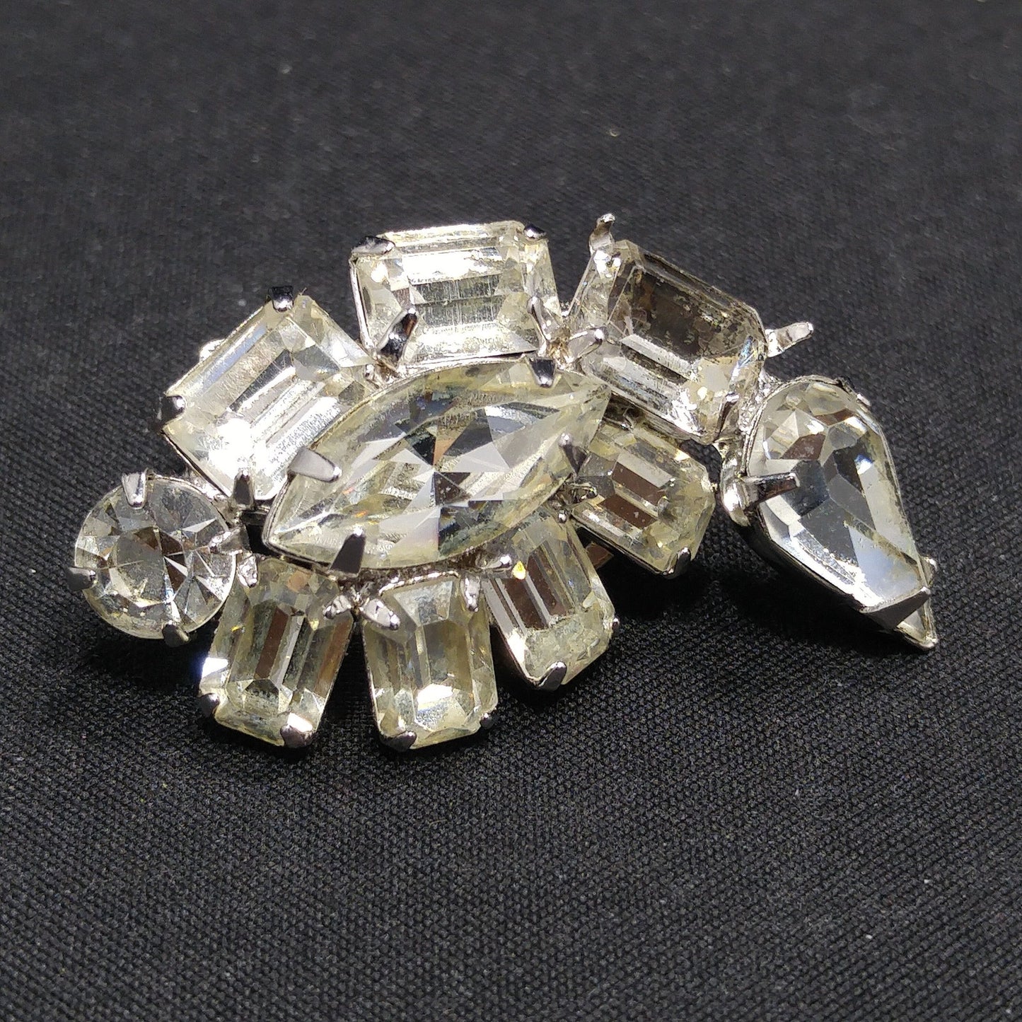 Kramer Clear Rhinestone Clip Earrings, Rhodium Plated, Wedding Earrings, 1950s Vintage Jewelry
