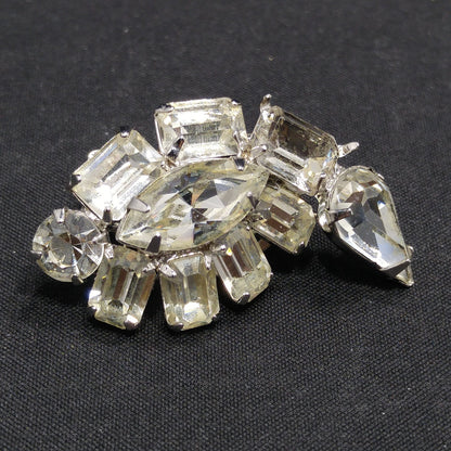 Kramer Clear Rhinestone Clip Earrings, Rhodium Plated, Wedding Earrings, 1950s Vintage Jewelry