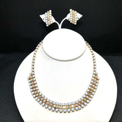 Aurora Borealis Rhinestone Necklace Earrings Set, Light Blue Cabochons, Mid Century, 1960s Vintage Jewelry