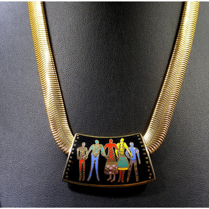 Laurel Burch "Familia" Cloisonne Necklace, Gold Plated Omega Chain, 1980s Vintage Jewelry