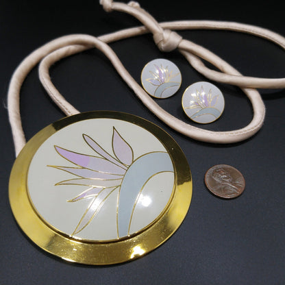 Laurel Burch Bird of Paradise Pendant Necklace & Earrings Set Cloisonne Vintage