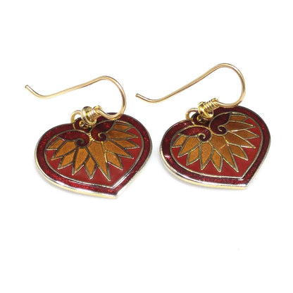 Vintage Laurel Burch Hollyhock Floral Earrings, Gold Plated Cloisonne, Red Enamel