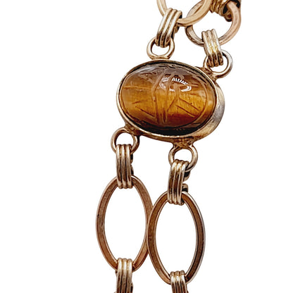 Vintage Scarab Four Gemstone Gold Tone Two Strand Bracelet, Egyptian Beetle Bug