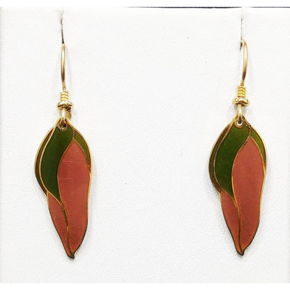 Laurel Burch "Barbee's Blossom" Earrings, Green & Dusty Pink, Gold Plated, 1980s