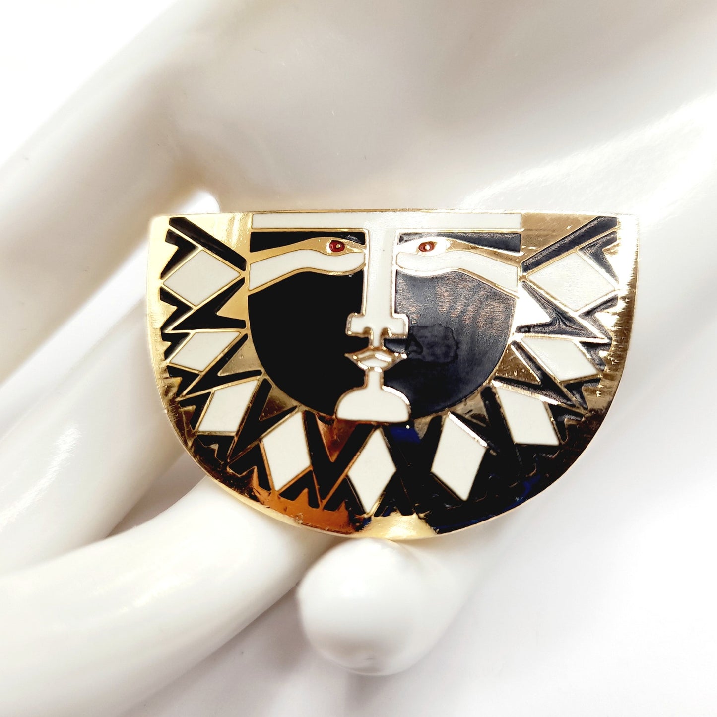 Vintage Laurel Burch Sunface Brooch, Black White Enamel Gold Plated Pin, 1980s Cloisonné Jewelry, Artistic Statement Accessory 1 3/4 Inch