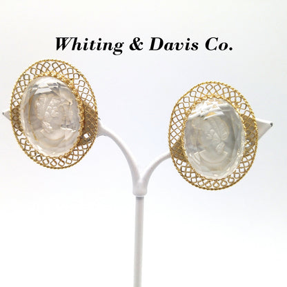 Whiting & Davis Cameo Intaglio Clip Earrings, Gold Plated, 1960s Vintage Jewelry