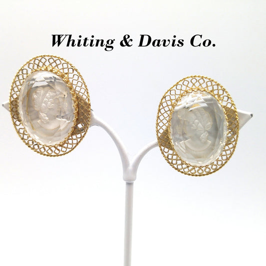 Whiting & Davis Cameo Intaglio Clip Earrings, Gold Plated, 1960s Vintage Jewelry