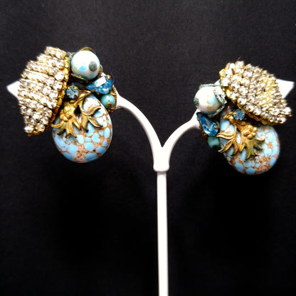 Eugene Rhinestone Art Glass Clip Earrings, Designed for Miriam Haskell, 1950s Vintage Jewelry